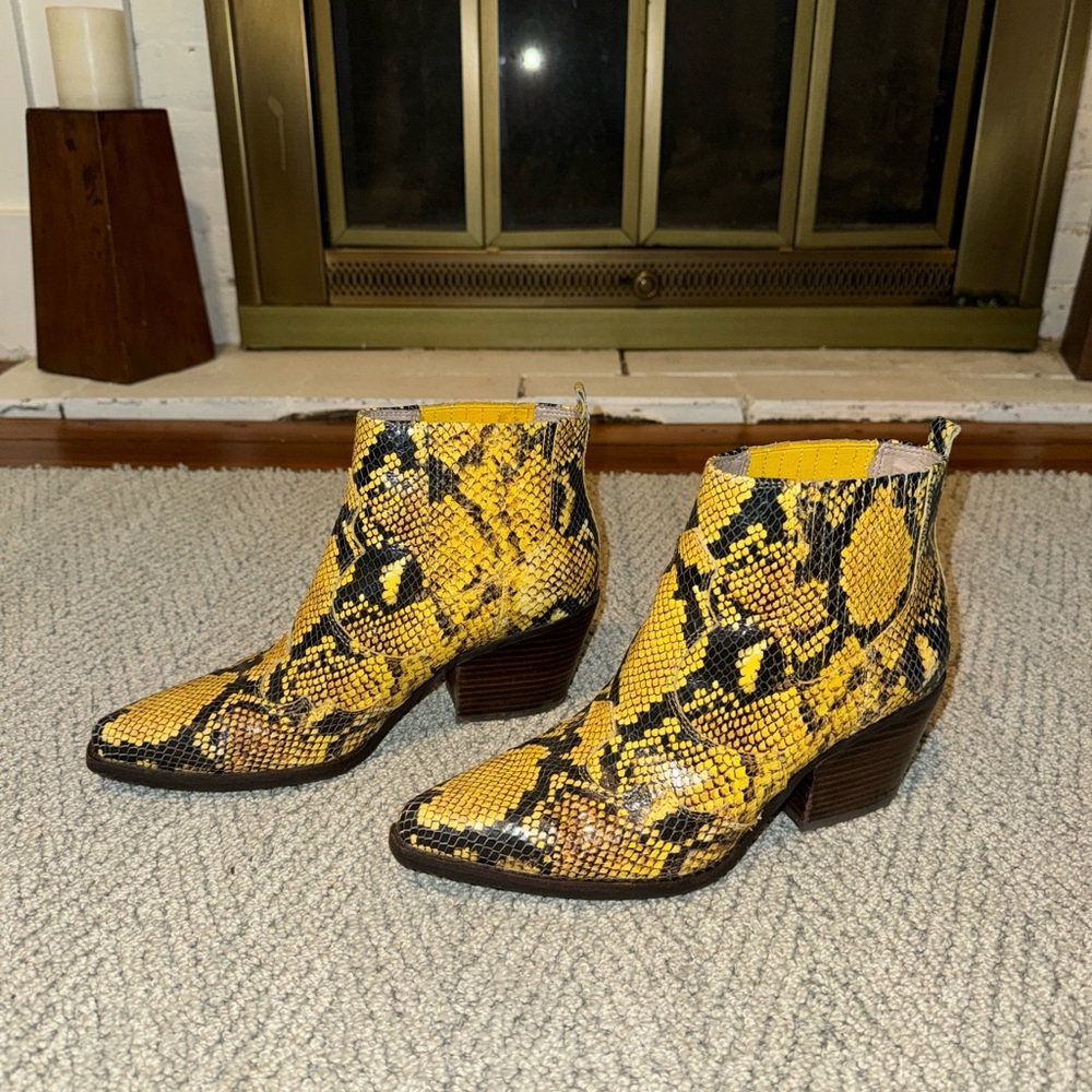 Sam Edelman Yellow Snake-Print Leather Ankle Boots